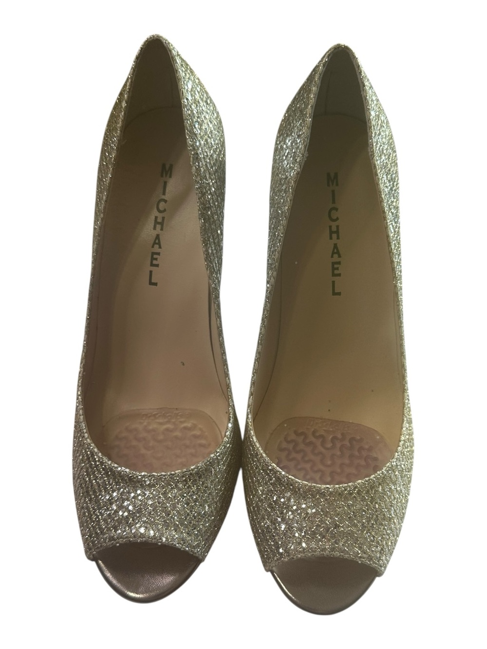 Michael Shannon Womens 8M Silver Glitter Peep Toe Wedge Heels Metallic Party Sho